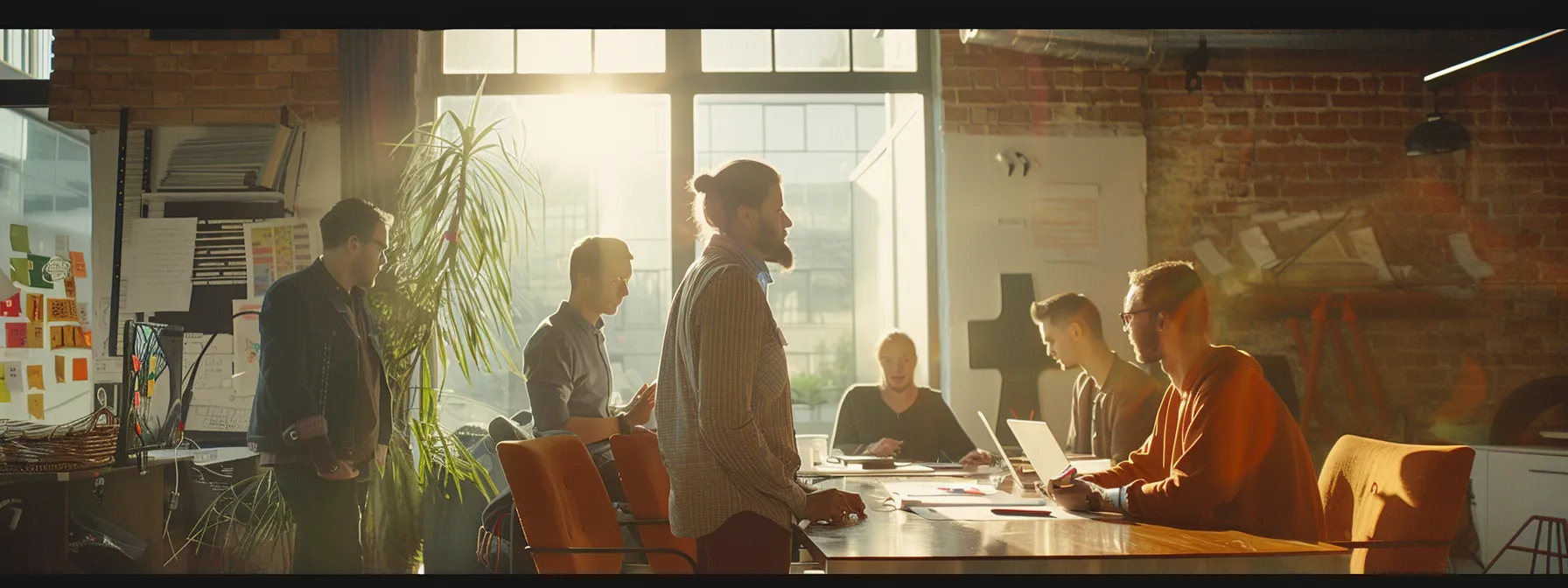 a group of people brainstorming creative ideas in a modern office setting.