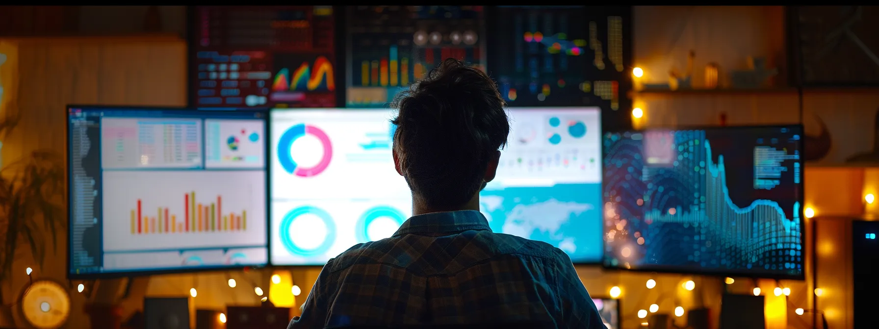 a person looking at a computer screen with various website analytics and data charts displayed.