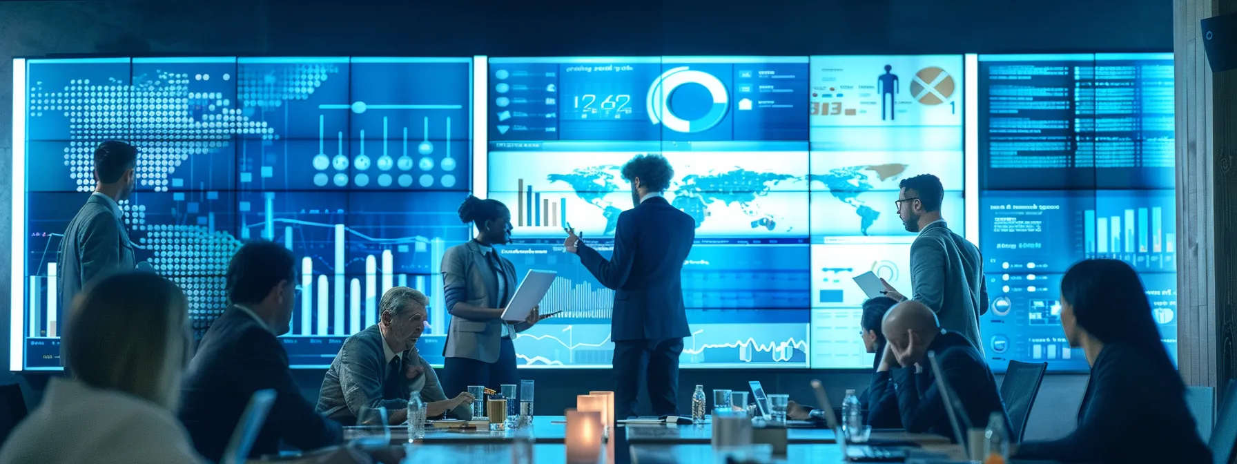 a group of professionals brainstorming in a modern office with digital screens displaying various marketing strategies.