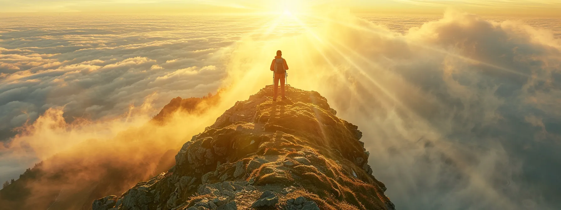 a lone hiker stands atop a rugged mountain peak at sunrise, surrounded by a sea of mist with rays of golden light piercing through the clouds.