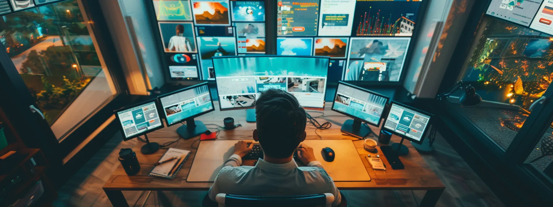 a person sitting at a sleek, modern desk, with multiple computer screens displaying various website designs and color palettes.