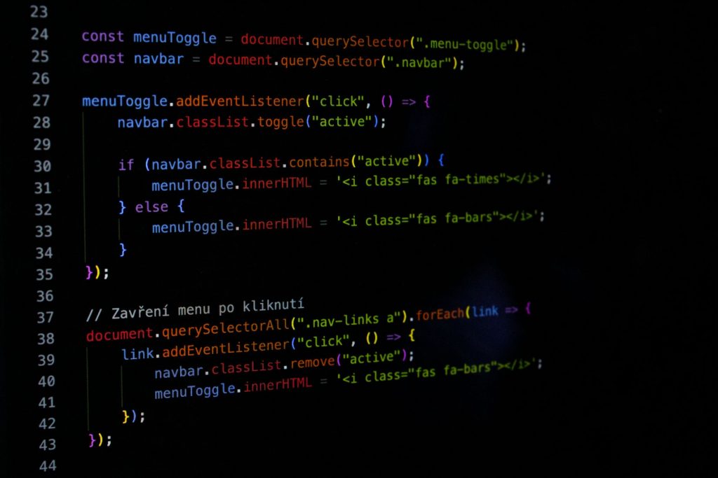 Close-up of JavaScript code on a computer screen, showing web development programming.